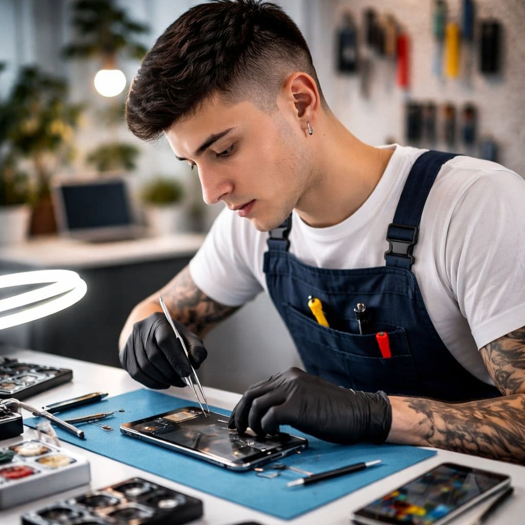 Técnico reparando un smartphone en banco de trabajo
